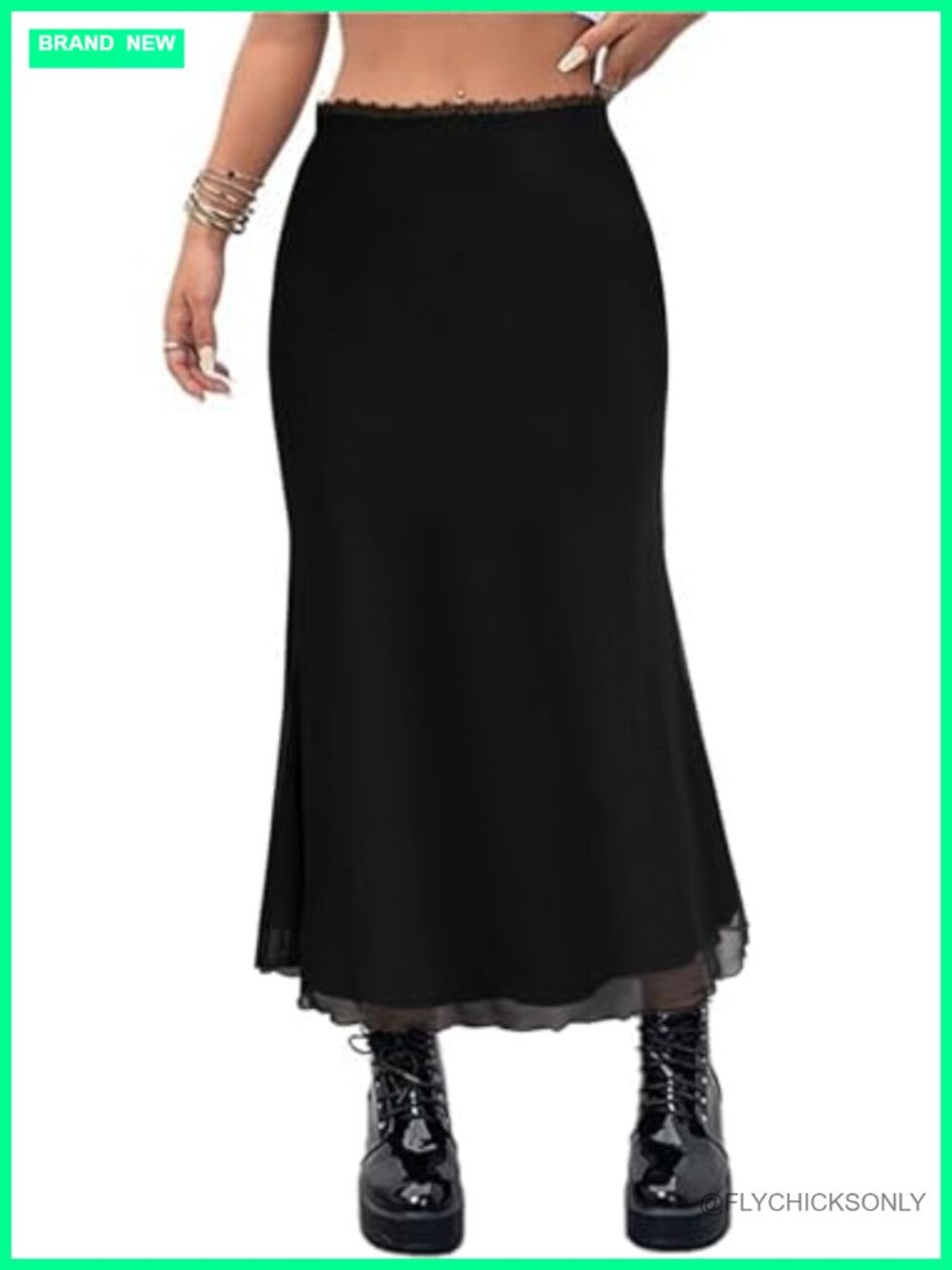 Boho Floral Mesh Long Skirt High Waisted Mermaid Hem Maxi Skirt